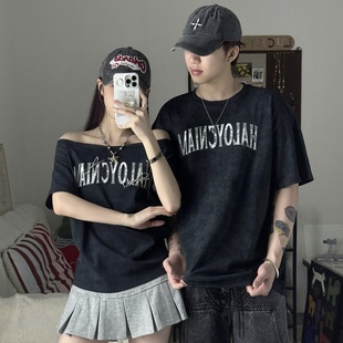 辣妹风斜肩宽松短袖 美式 T恤字母印花男女ins上衣 夏季 情侣装