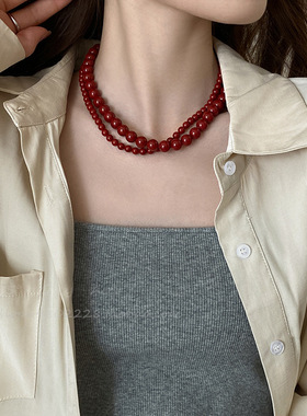 安可拉红施家珍珠项链女气质感锁骨链小众设计轻奢显白脖颈链
