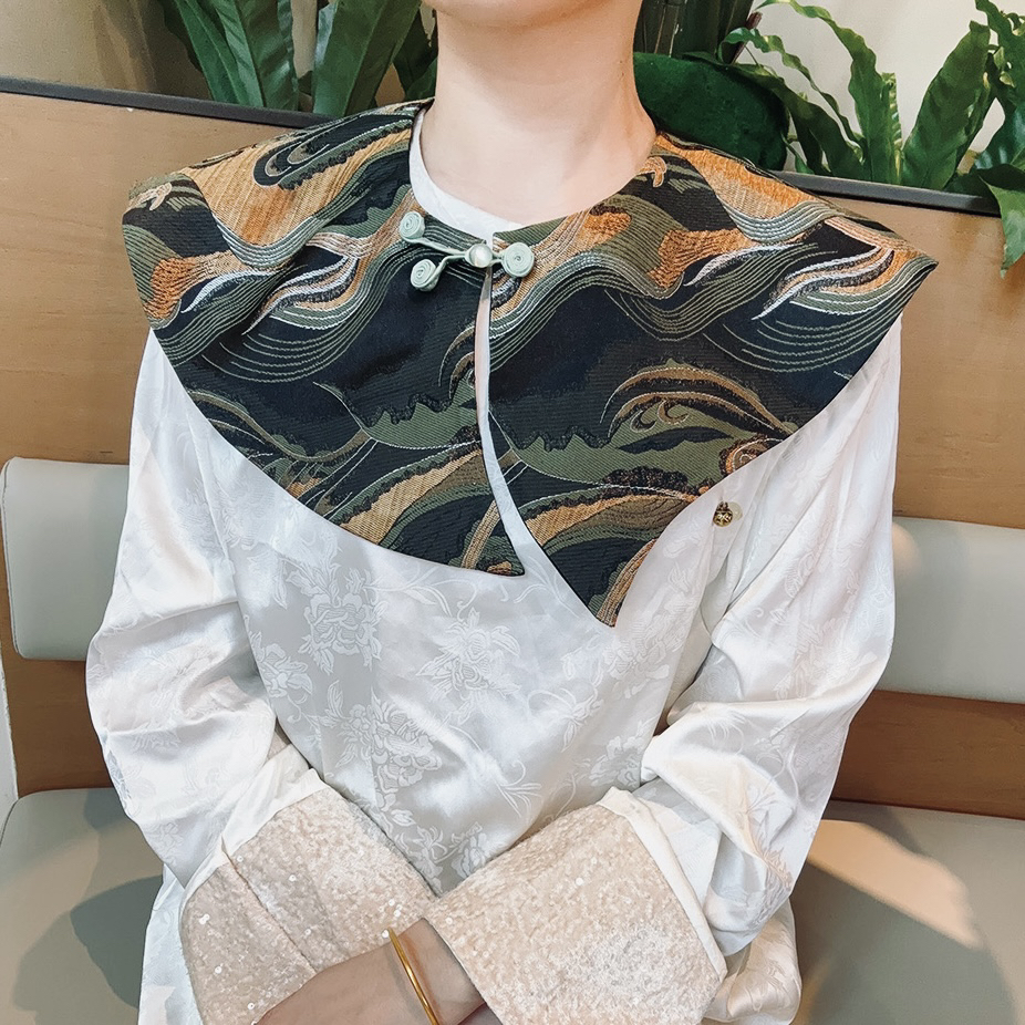 新中式国风披肩女配衬衫旗袍外搭织仙鹤锦缎刺绣护肩假领子云肩