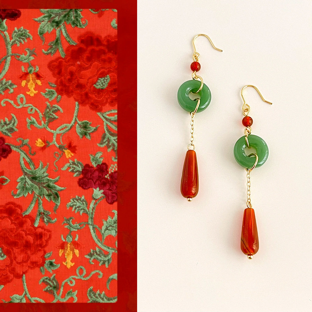 国风原创手作新中式红玛瑙耳环文艺复古平安扣耳钩感新娘耳饰