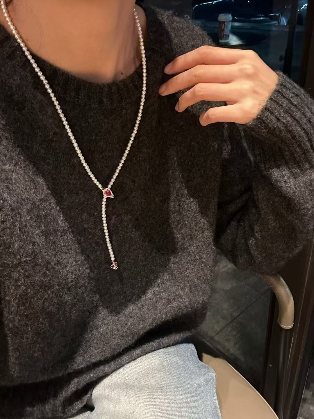 宝家红宝石扣天然淡水珍珠毛衣链S925银红宝石带鉴定证书