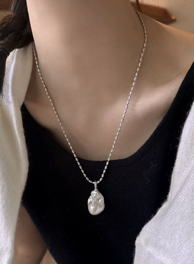 鱼尾大巴洛克异形珍珠项链吊坠女S925银链轻奢小众高级感复古