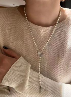 天然淡水珍珠诸暨发货蝴蝶扣珍珠毛衣链四季可戴正圆极光