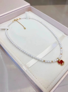 天然淡水珍珠诸暨淡水珍珠红色滴釉小马吊坠baby珠项链925银保色