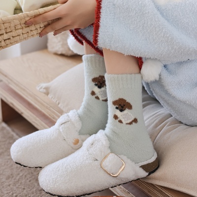 全店满15包邮秋冬款女士中筒袜日系卡通可爱保暖奶蓝色毛绒绒袜子