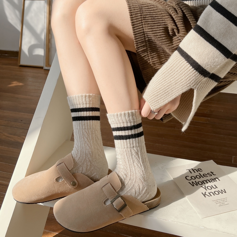 保暖女士羊毛条纹中筒袜