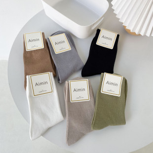 袜子女中筒袜春秋天纯色全棉ins潮袜紧身口素色日系街头外穿棉袜