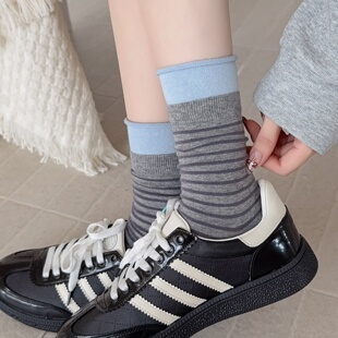 全店满15包邮日系袜子女中筒袜春秋外穿日系双罗口条纹堆堆潮袜