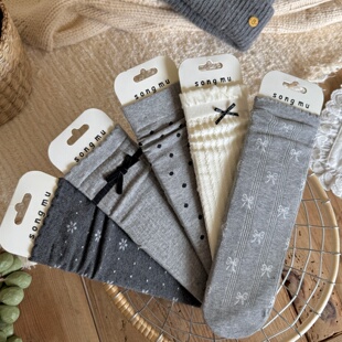 全店满15 灰色系日系袜子女中筒袜春秋外穿蝴蝶结碎花甜美可爱 包邮