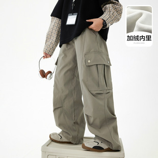 宽松多口袋军绿色保暖休闲裤 青少年美式 男童加绒长裤 风直筒裤 工装