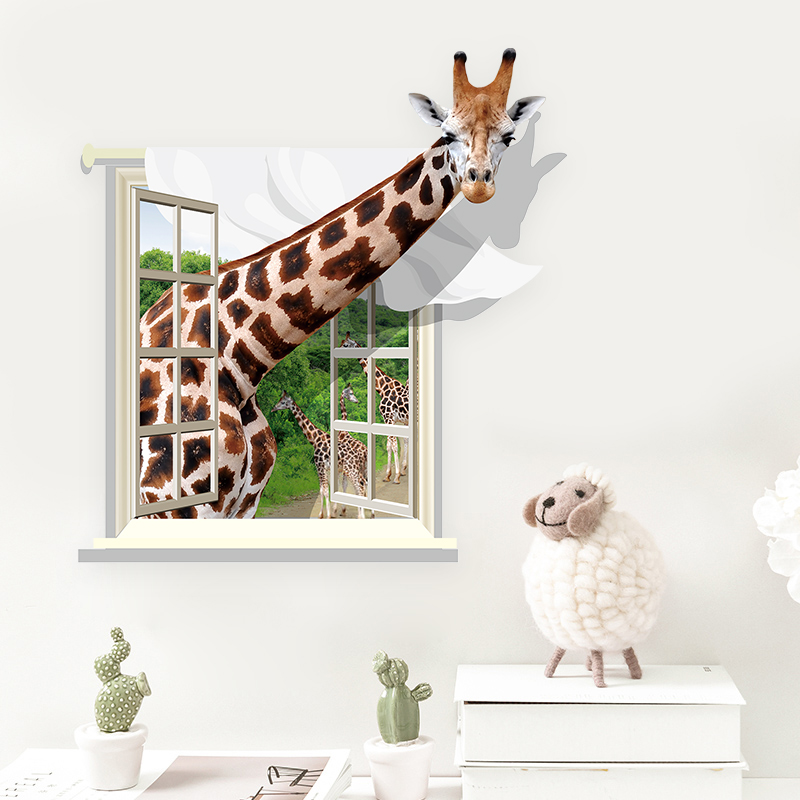 3d墙纸立体墙贴纸创意墙壁装饰品墙上海报客厅沙发卧室贴画长颈鹿