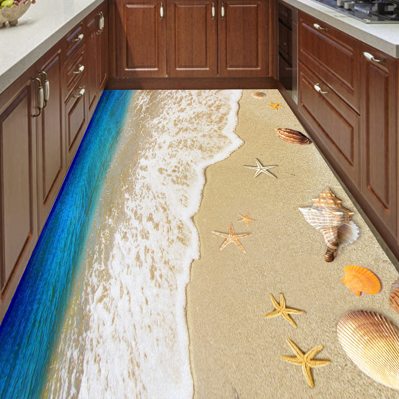 3D立体创意地贴海滩海浪沙滩贝壳商场客厅玄关厨房防水地贴画定制