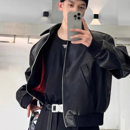 高端美式复古短款pu皮翻领皮衣夹克男春季宽松痞帅机车服外套男