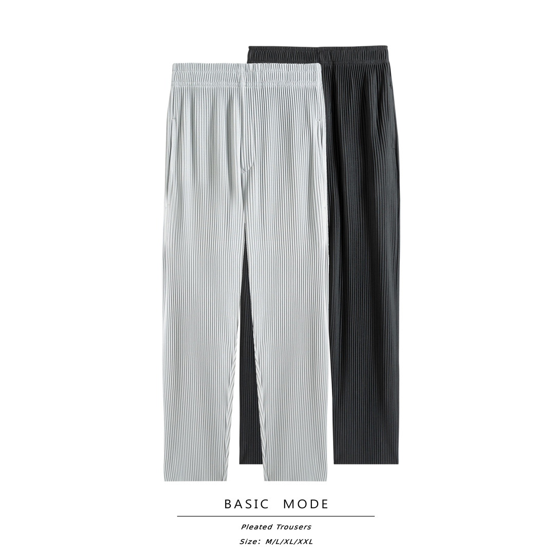 日系夏装一生褶皱垂坠感纯色极简竖条纹宽松直筒休闲长裤jf150
