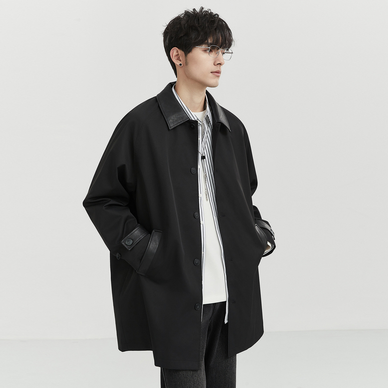 2025秋季新款男士潮流拼接百搭痞帅宽松中长款韩版翻领纯色风衣,男装,风衣,淘宝优惠券,粉丝福利购,淘宝优惠卷
