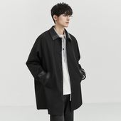 新款 男士 潮流拼接百搭痞帅宽松中长款 2025秋季 韩版 翻领纯色风衣