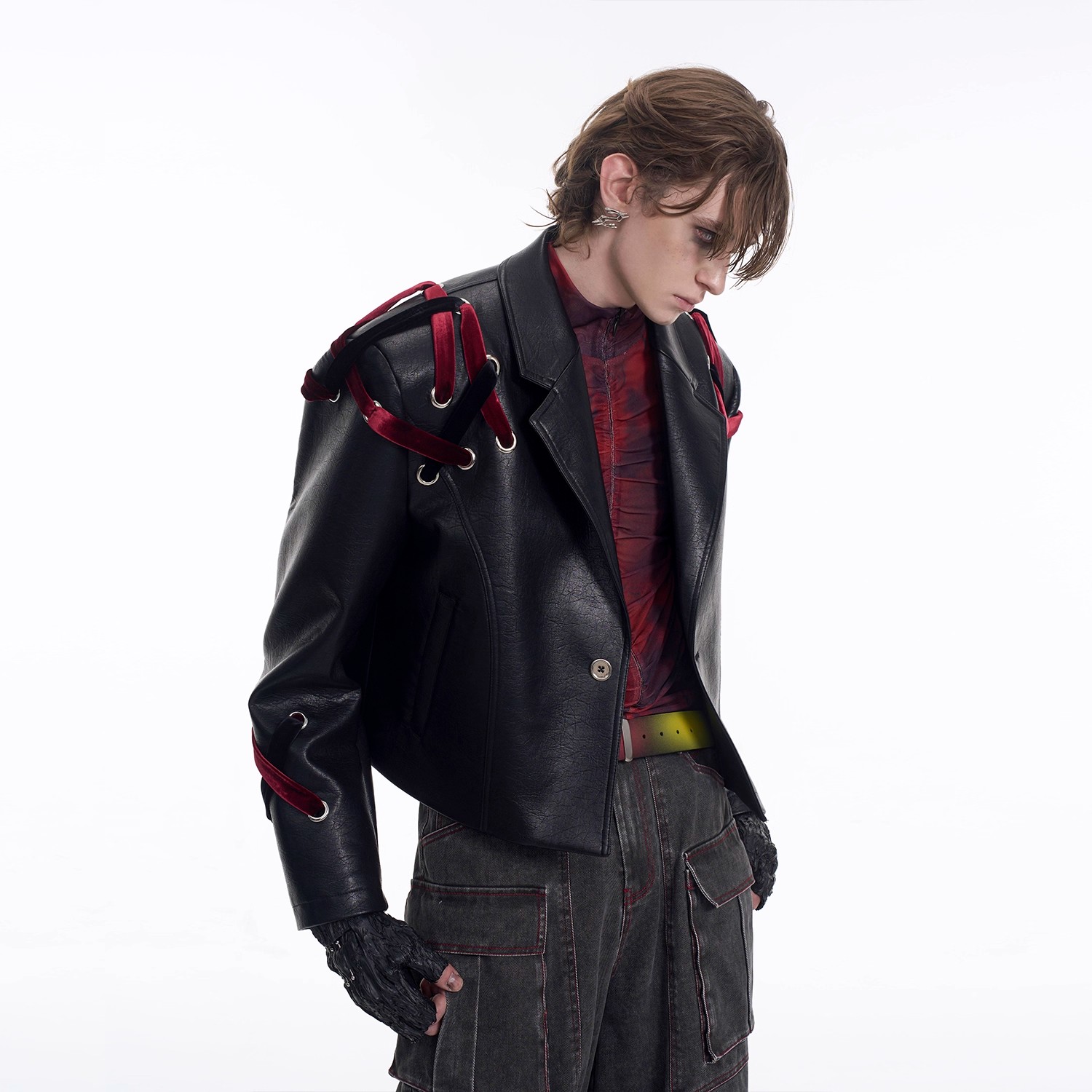 25SS秋冬新款短款皮衣夹克外套男春季新款廓形西装领垫肩机车服潮