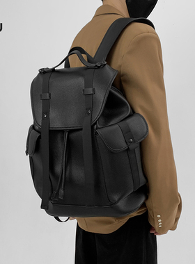 觅旧潮牌双肩包男荔枝纹皮质通勤男士16寸电脑背包商务大容量书包