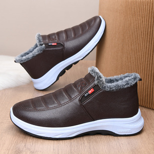 老北京棉鞋男冬季保暖加绒爸爸鞋短靴加厚防滑父亲鞋棉靴皮面防寒