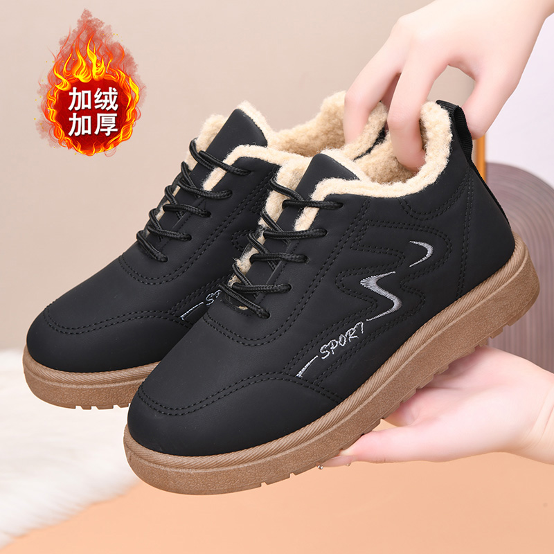 冬季老北京棉鞋女加绒保暖皮面雪地靴加厚防滑妈妈鞋棉靴厚底防寒