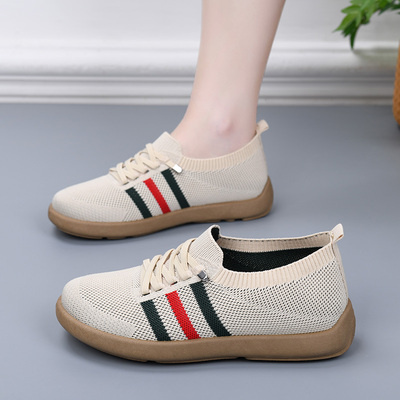 春秋老北京布鞋女新款飞织透气软底妈妈鞋百搭轻便一脚蹬懒人单鞋