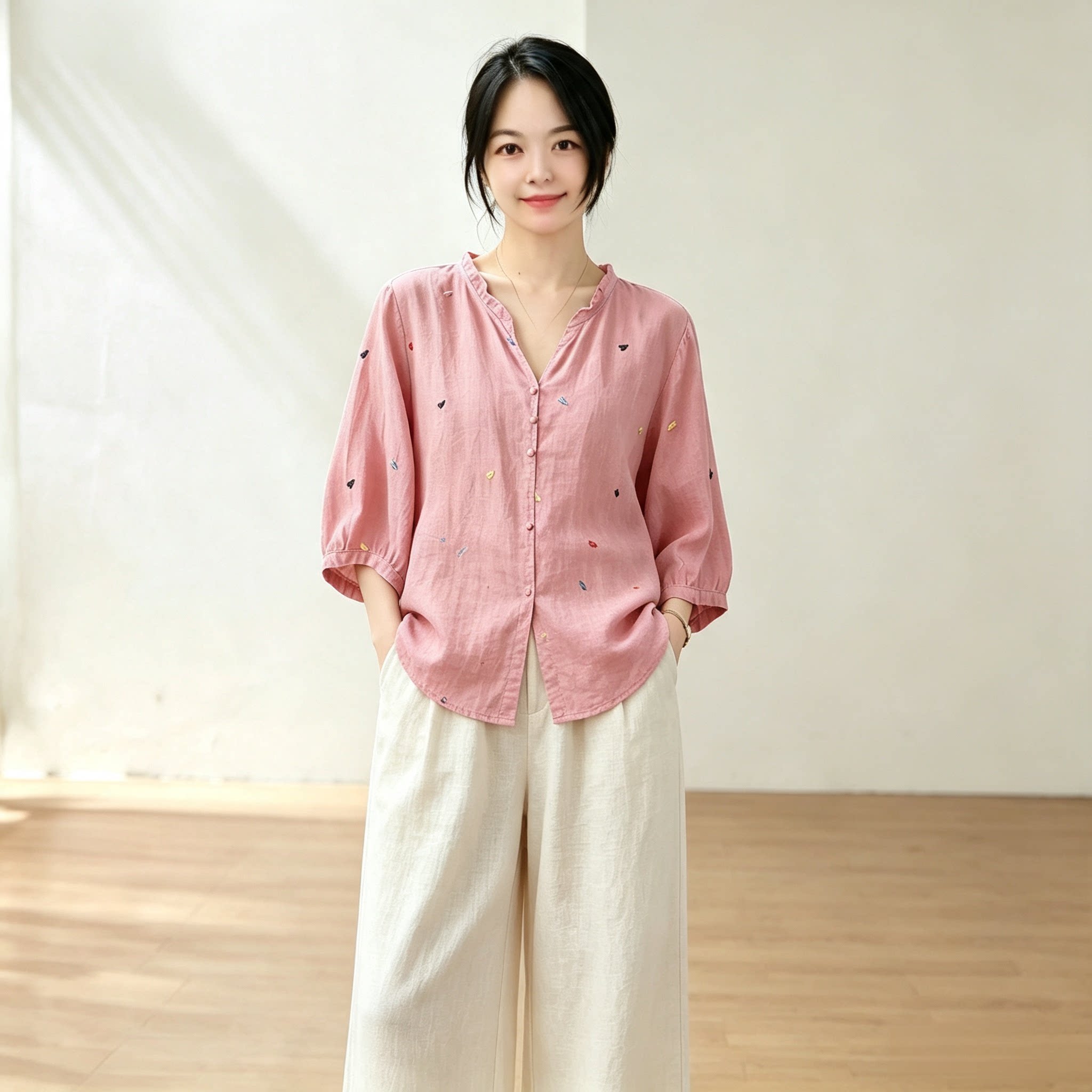 2026年新款夏季苎麻绣花七分袖宽松显瘦衬衫女高级感小众长袖上衣