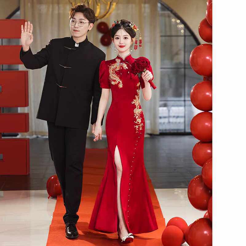 时尚中式旗袍敬酒服新娘结婚回门酒红色长款收腰鱼尾开叉订婚礼