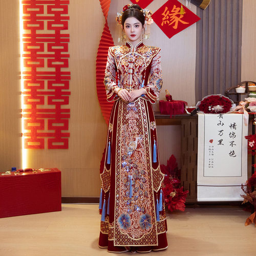复古宫庭秀禾新娘重工中式结婚敬酒礼服小个子出阁连衣裙女套装