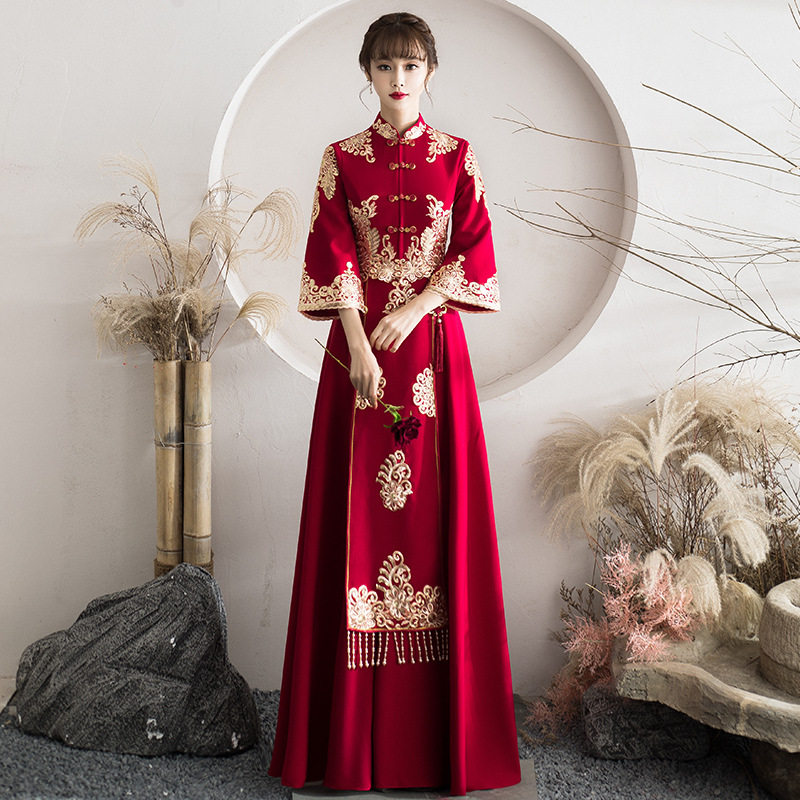 复古新娘中式夏季高级感红色旗袍长袖秀禾结婚敬酒礼服女