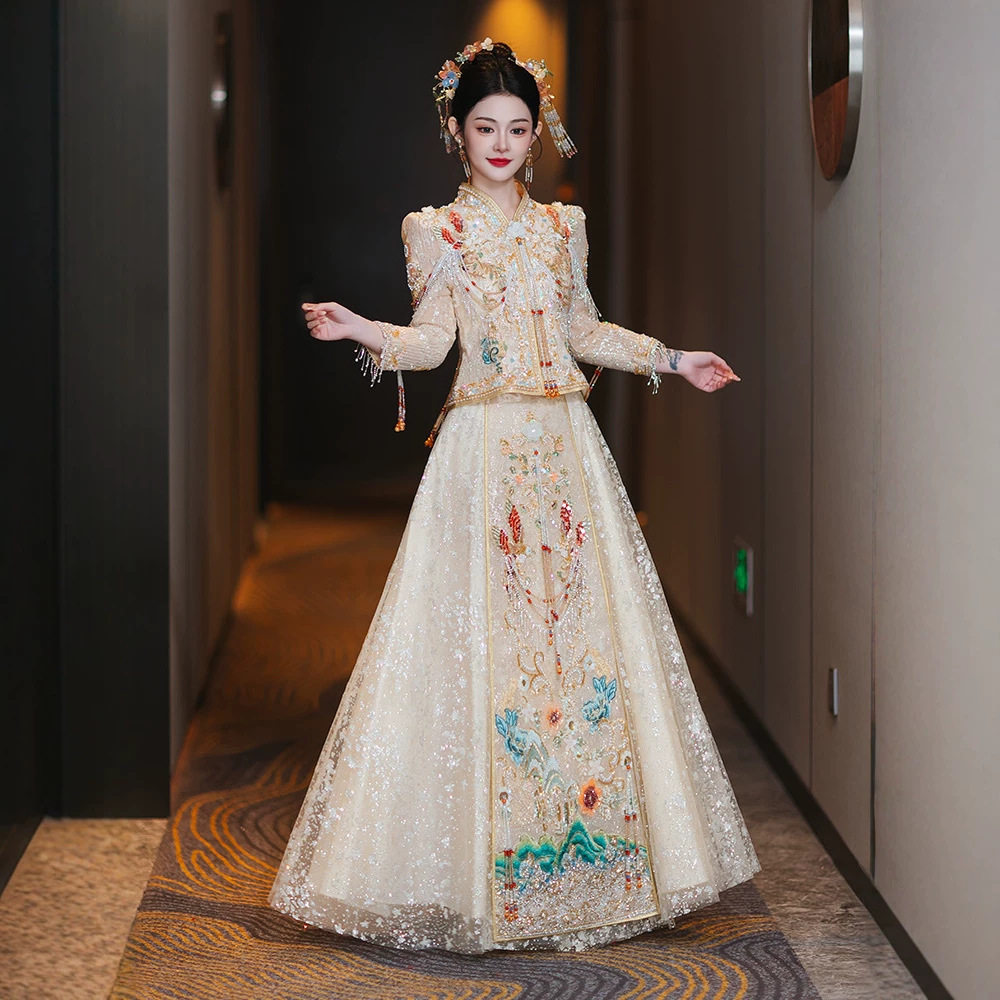 复古宫庭感香槟色秀禾新娘嫁衣中式结婚小个子敬酒礼服典雅出阁