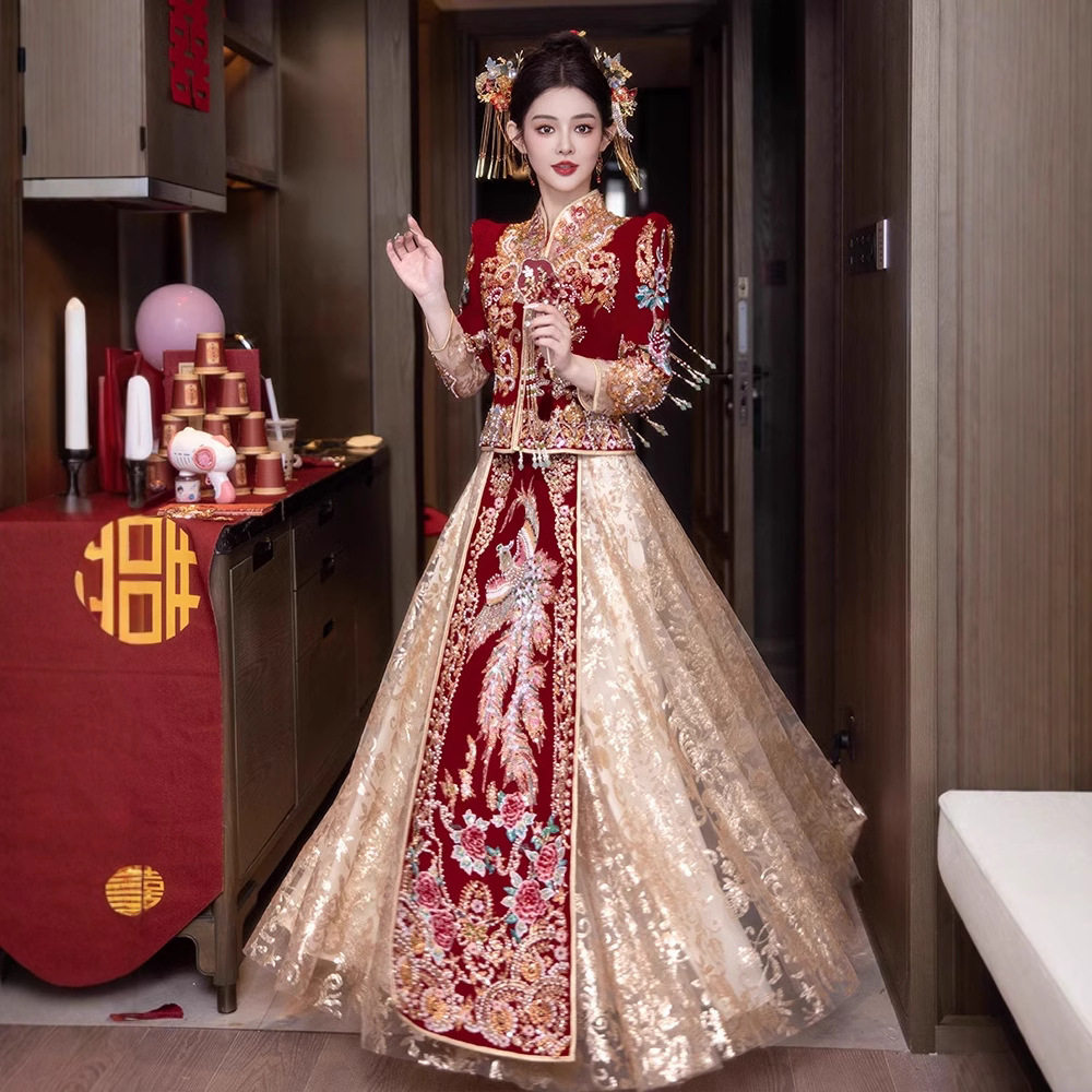 时尚复古高级宫庭感新娘结婚敬酒礼服中式嫁衣丝绒连衣裙女长袖