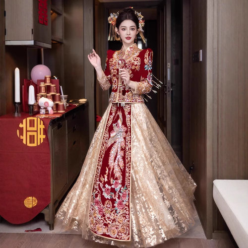 时尚复古高级宫庭感新娘结婚敬酒礼服中式嫁衣丝绒连衣裙女长袖