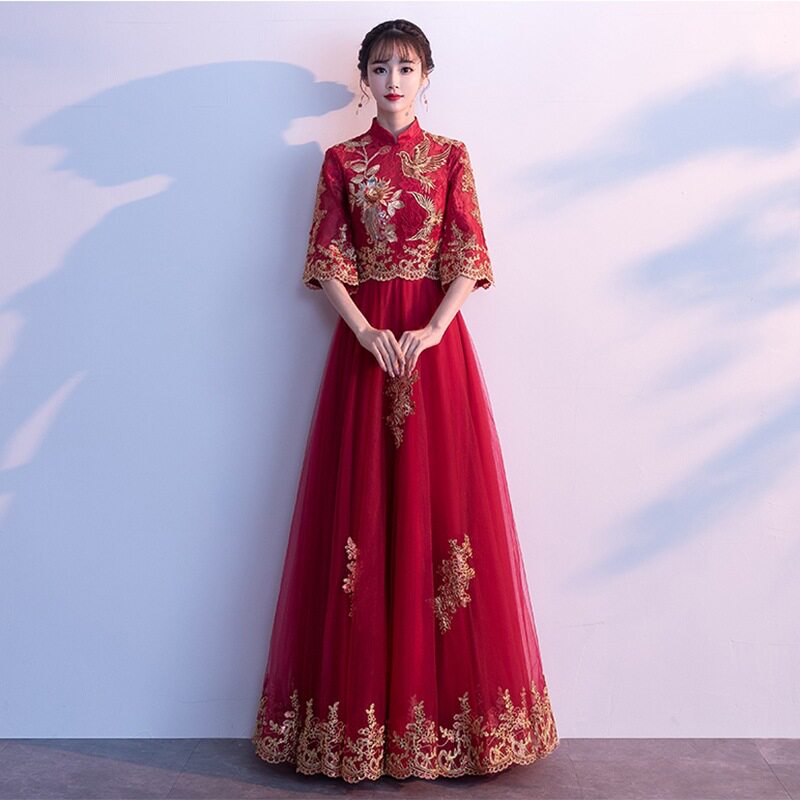 新娘敬酒服旗袍夏季中式回门孕妇气质礼服女酒红色结婚秀禾服订婚