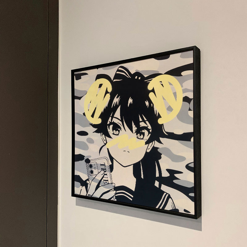 潮牌卡通人物黑白装饰画日本漫画二次元壁画客厅卧室电竞酒店挂画图片
