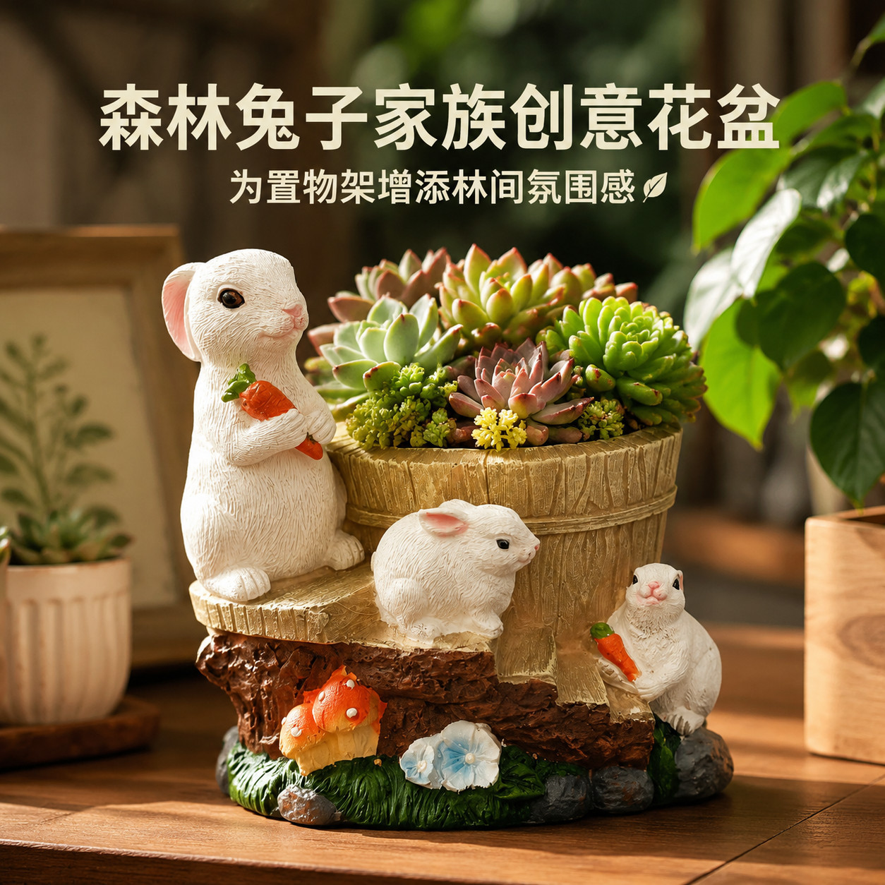 户外摆件卡通三只兔子木
