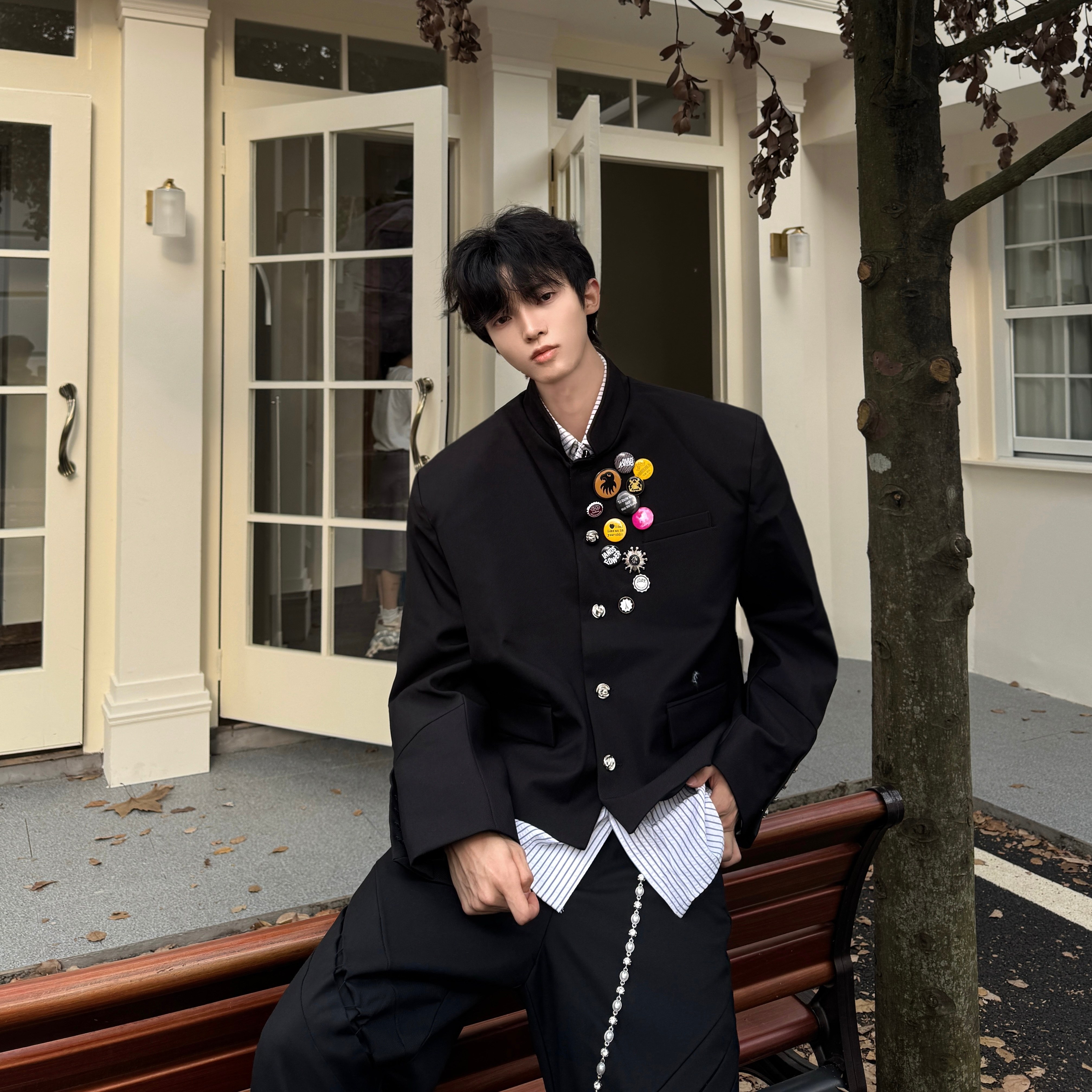 Desaturate立领胸章设计新中式夹克外套男垫肩高级感上衣