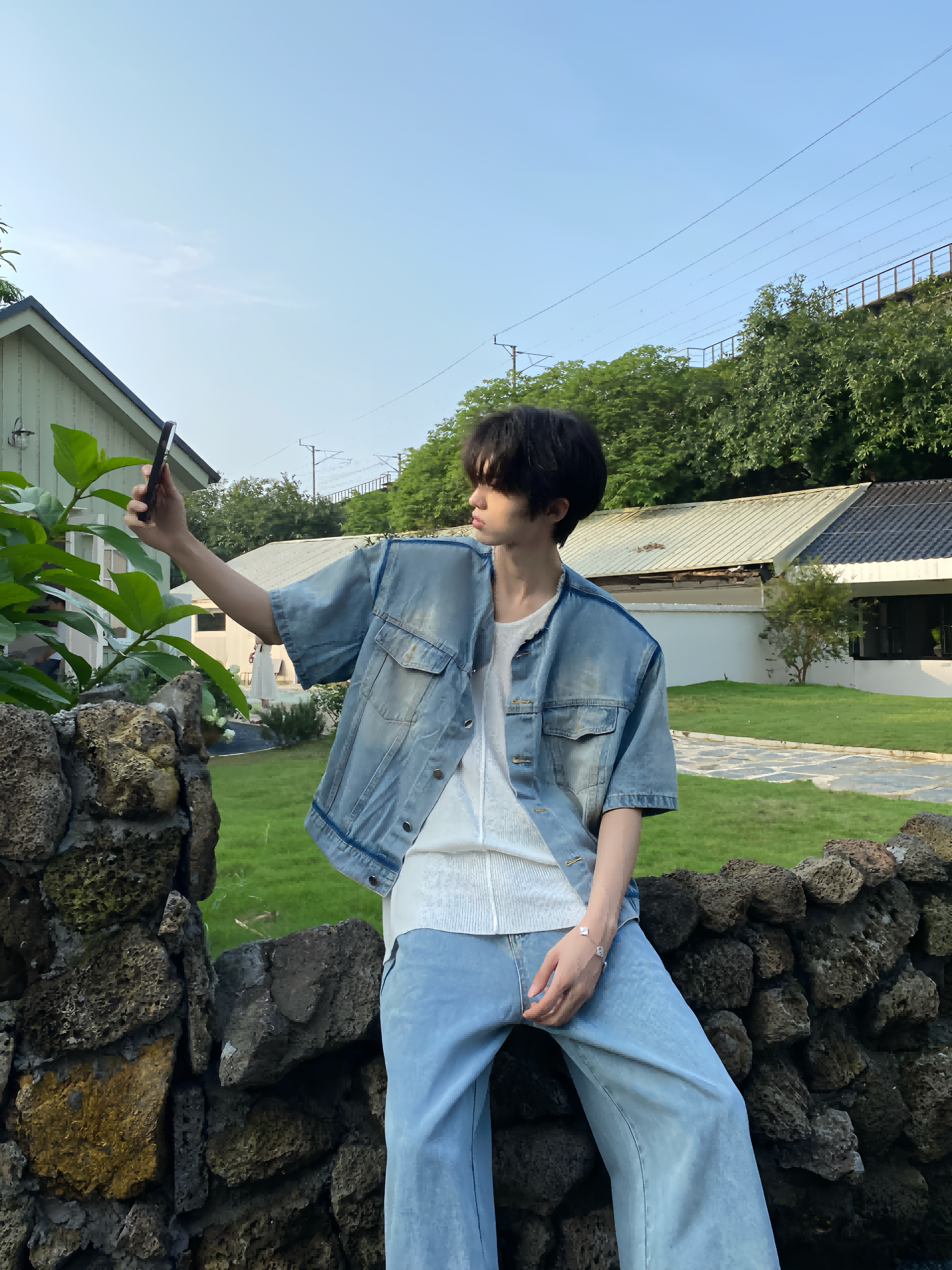 Desaturate原创设计小香风做旧垫肩牛仔男夏季直筒裤休闲套装