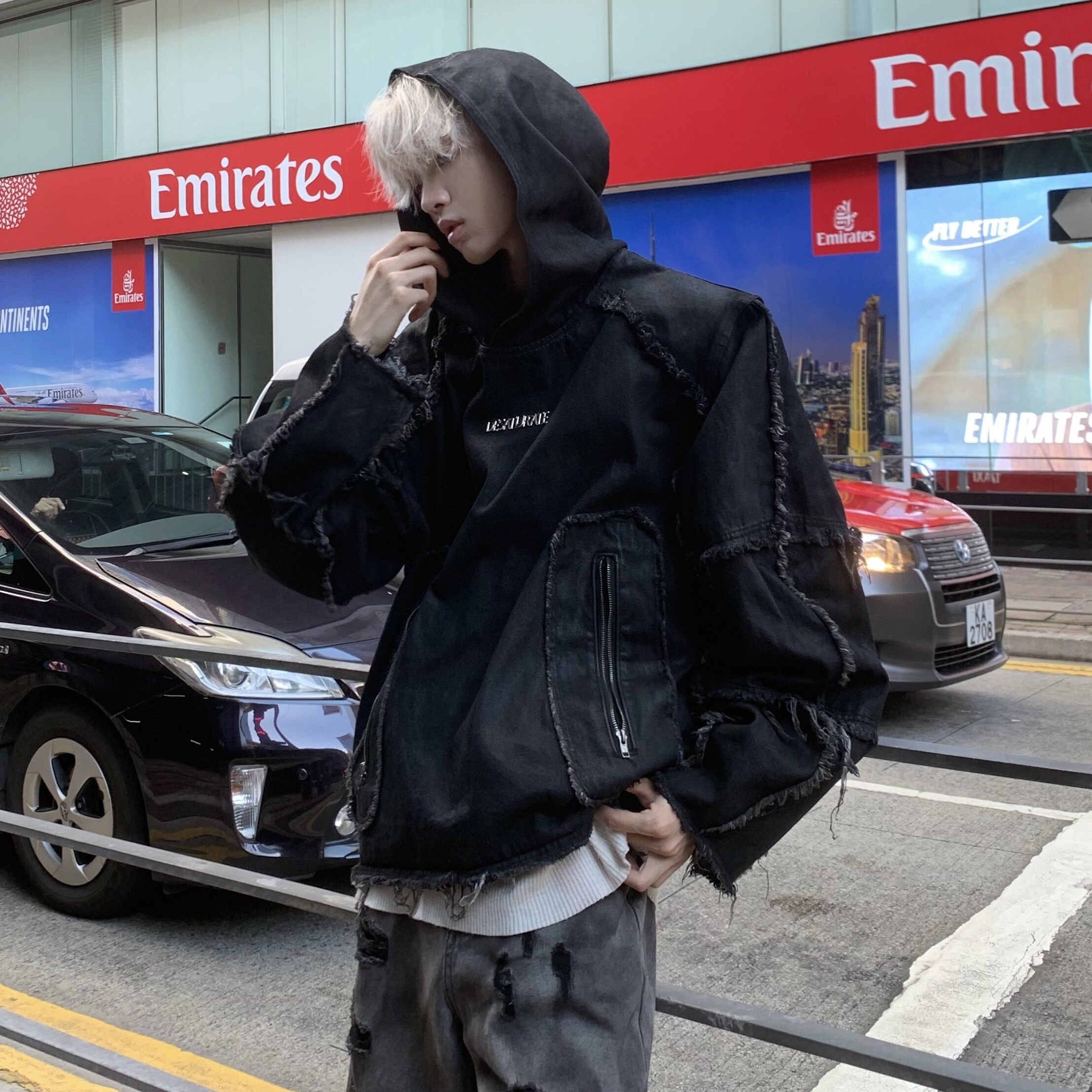 Desaturate/24原创牛仔拼接流重工设计感垫肩卫衣男女同款