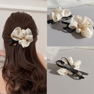 法式波点花朵发夹半扎发顶夹蝴蝶结后脑勺弹簧马尾夹2025新款头饰