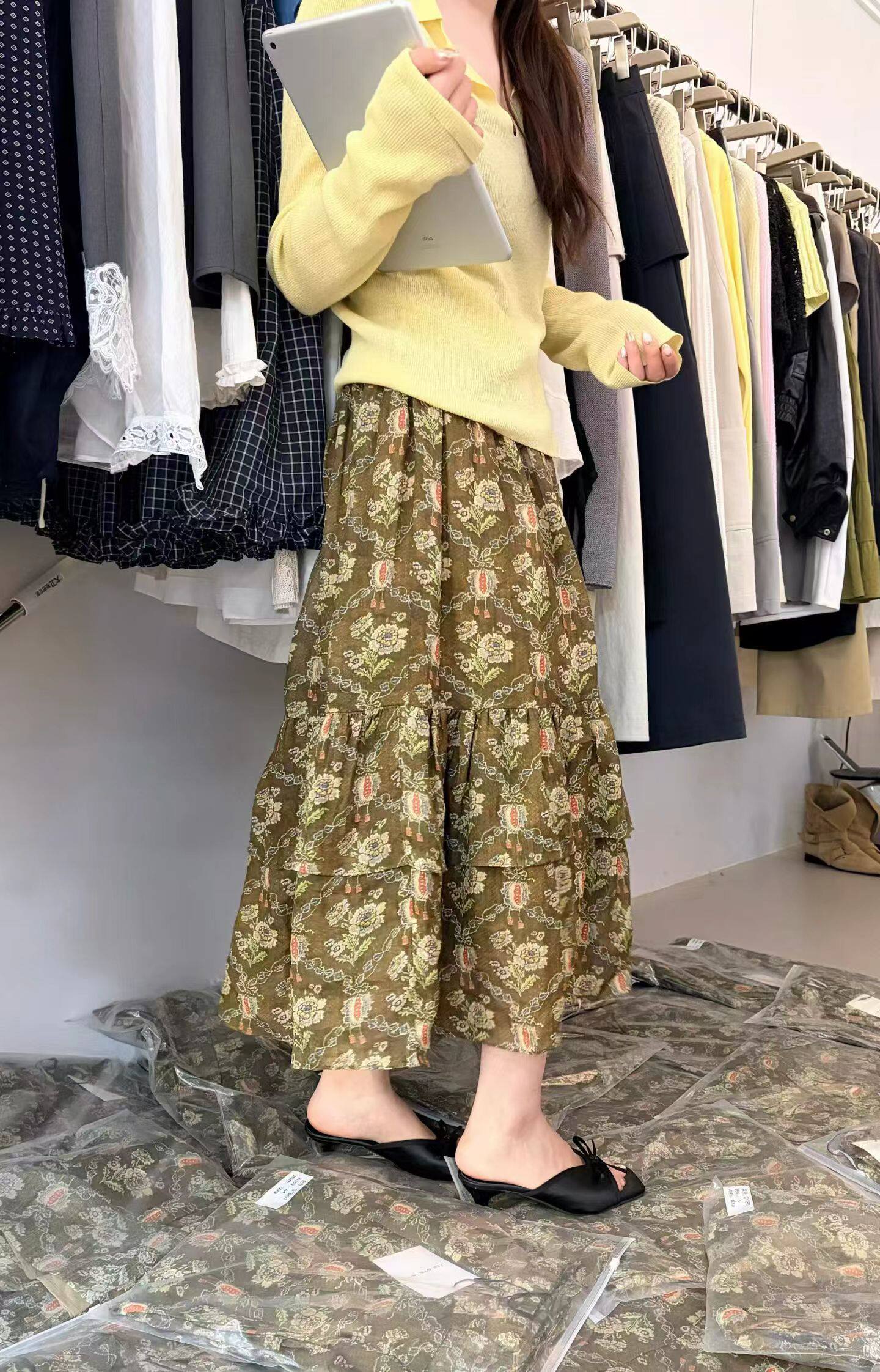 2026春款新品韩系简约松紧腰显瘦高腰半身裙女复古宫灯碎花蛋糕裙