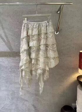 2026春装法式复古做旧蕾丝不规则半身裙轻盈松紧腰荷叶边蛋糕裙