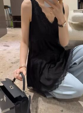 2026春款新品韩系简约百搭显瘦高腰蕾丝拼接无袖背心连衣裙