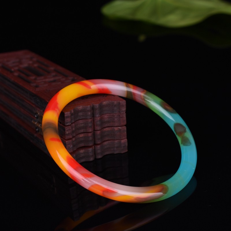 新疆和田玉彩玉手镯正圆镯旺夫款女士款缤纷色彩圆润细条玉镯手饰