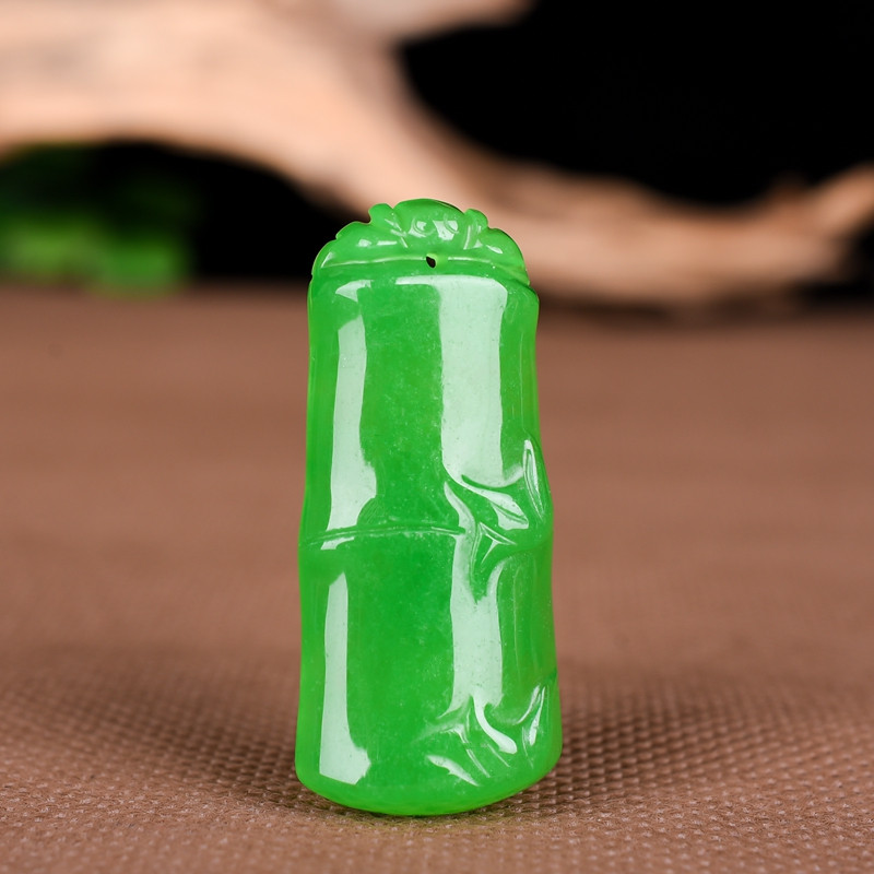 缅甸翡翠a货冰种满绿节节高吊坠玉竹子挂件阳绿竹节颈饰无牌事