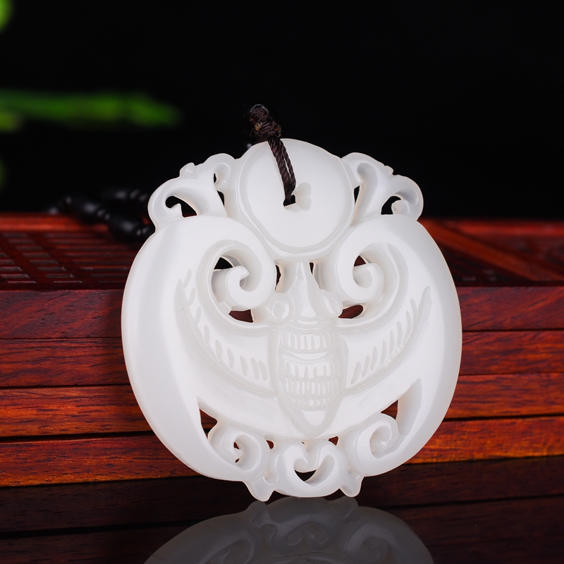 玉玲珑和田白玉福在眼前吊坠镂空雕琢挂件玉石蝙蝠金钱挂件男女款