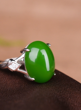 新疆和田玉菠菜绿925银活口戒指