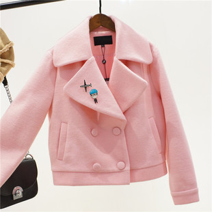 配两个可爱别针 冬新品西装领双排扣夹克外套女 毛呢短款大衣