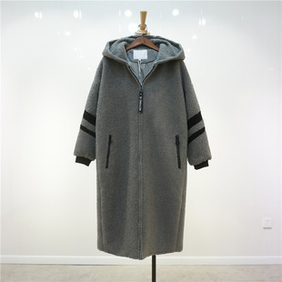 国内单 厚实羔羊毛保暖毛呢大衣 宽松大版中长款连帽羊羔绒外套