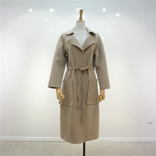 高端女装 100%羊毛系带双面呢大衣 极简风过膝中长款无扣羊毛外套