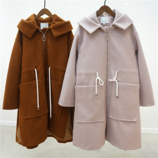 国内单 侧边开叉抽绳呢子大衣宽大版A字型宽松休闲学院风毛呢外套